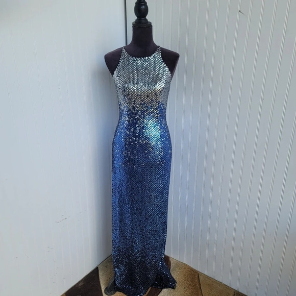 Cache Womens Sequin Blue Silver Maxi Formal Dress Prom Queen Slit Open Back Sz 4 - Picture 1 of 16
